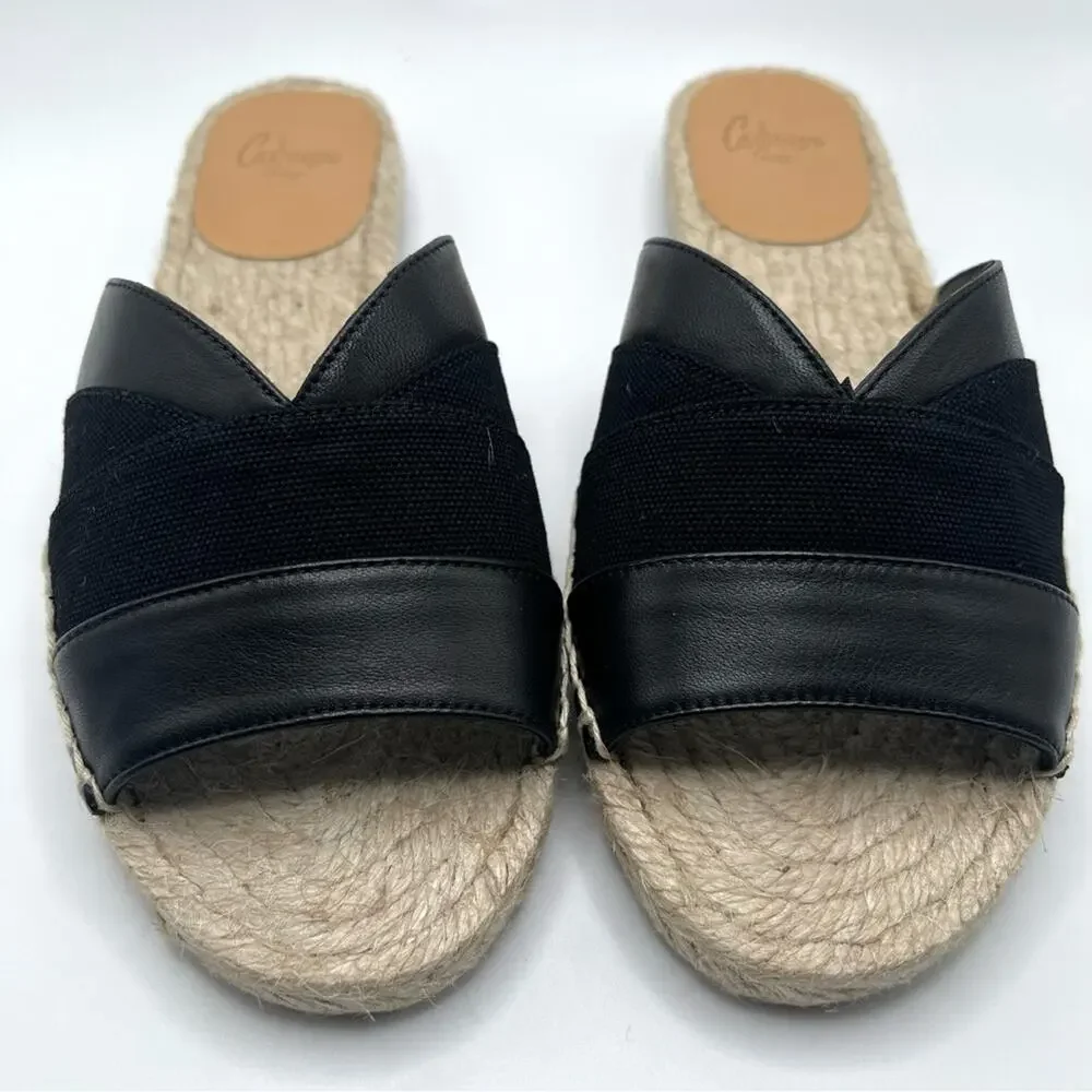 Castañer Pasi Black Leather Espadrille Slides Flat Sandals Size 5 Summer Chic
